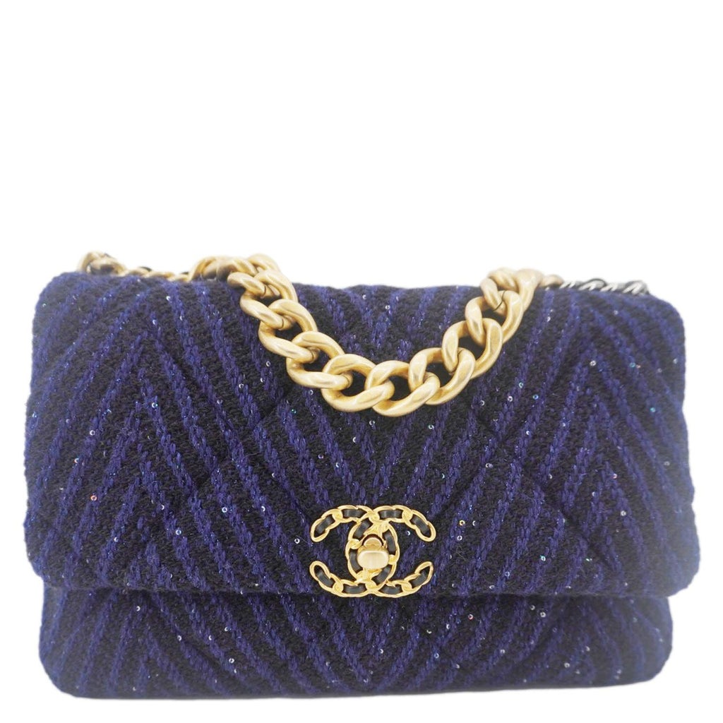 Chanel 19 Flap Quilted Tweed Sequins Shoulder Bag Navy Blue
