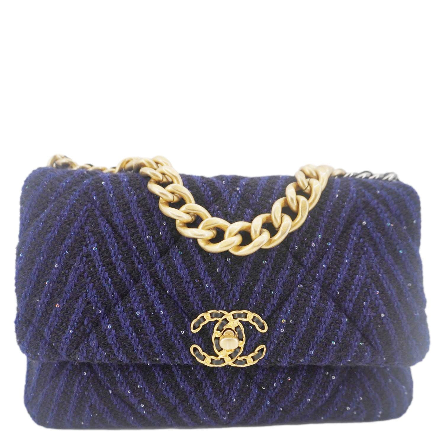 Chanel 19 Flap Quilted Tweed Sequins Shoulder Bag Navy Blue