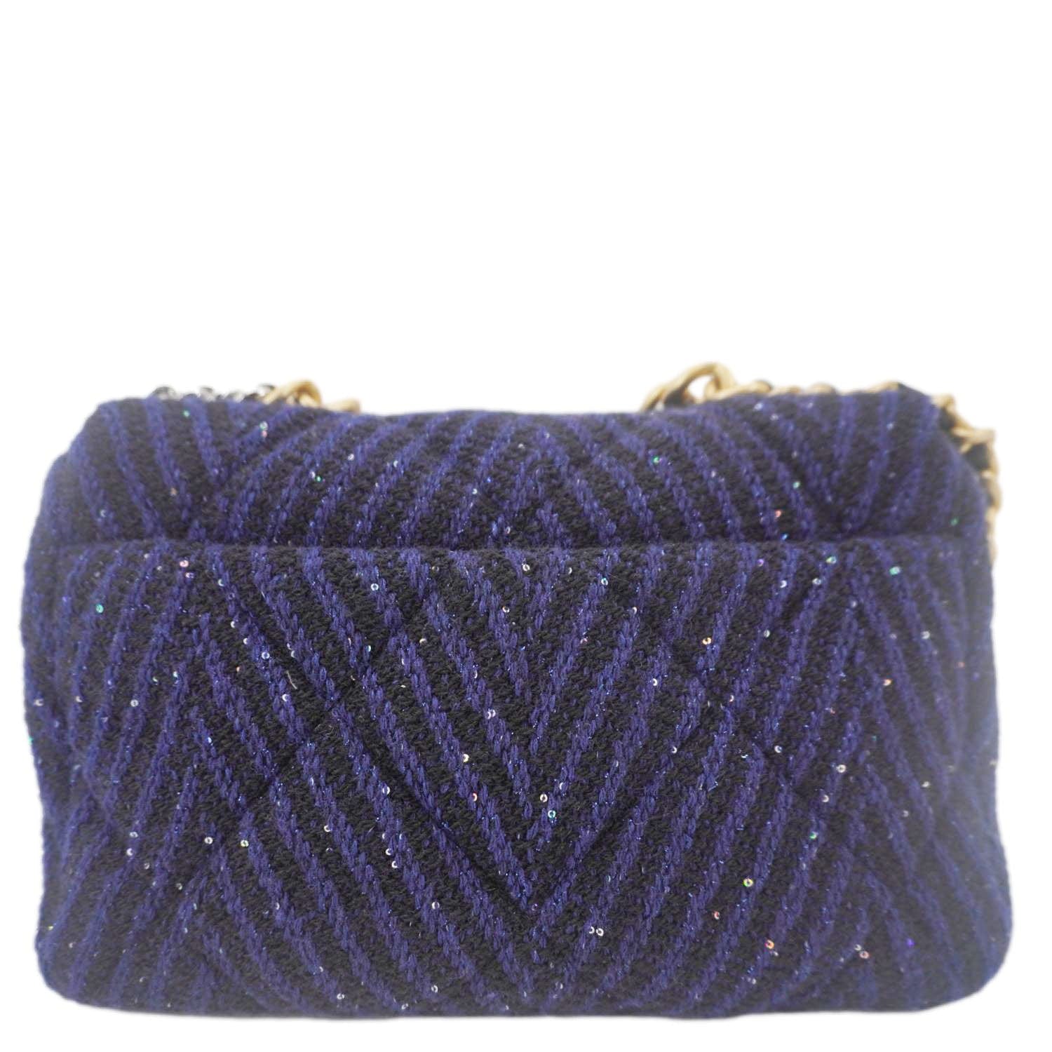Chanel 19 Flap Quilted Tweed Sequins Shoulder Bag Navy Blue