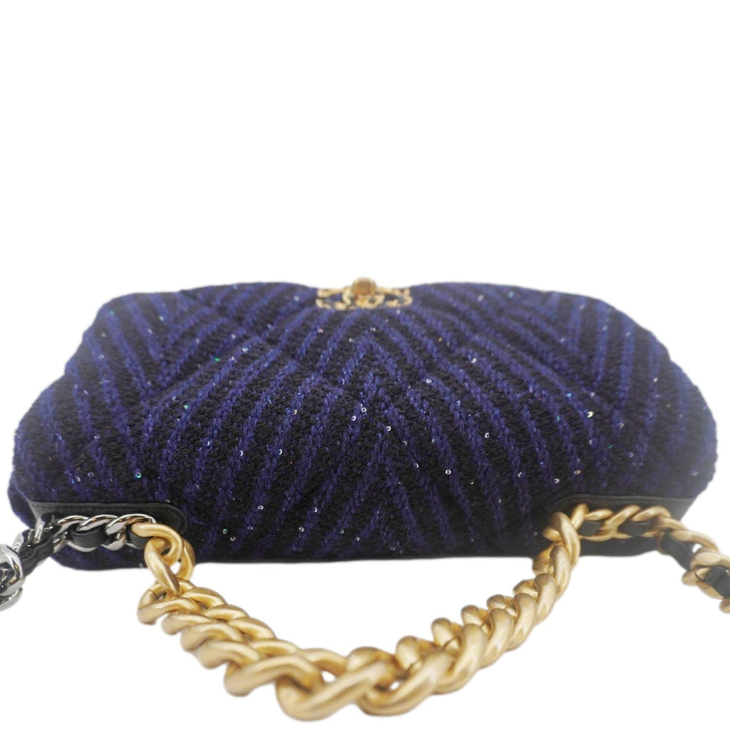 Chanel 19 Flap Quilted Tweed Sequins Shoulder Bag Navy Blue