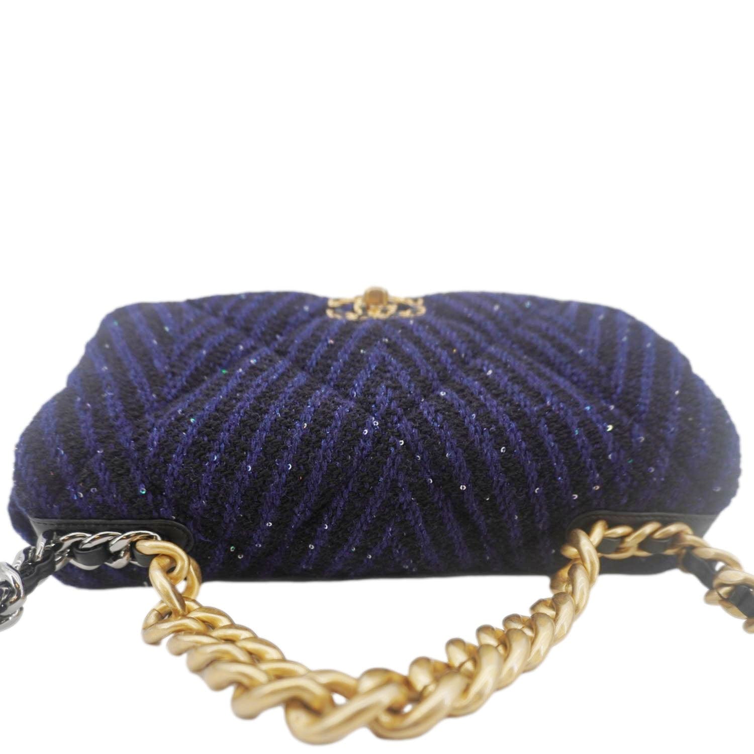 Chanel 19 Flap Quilted Tweed Sequins Shoulder Bag Navy Blue