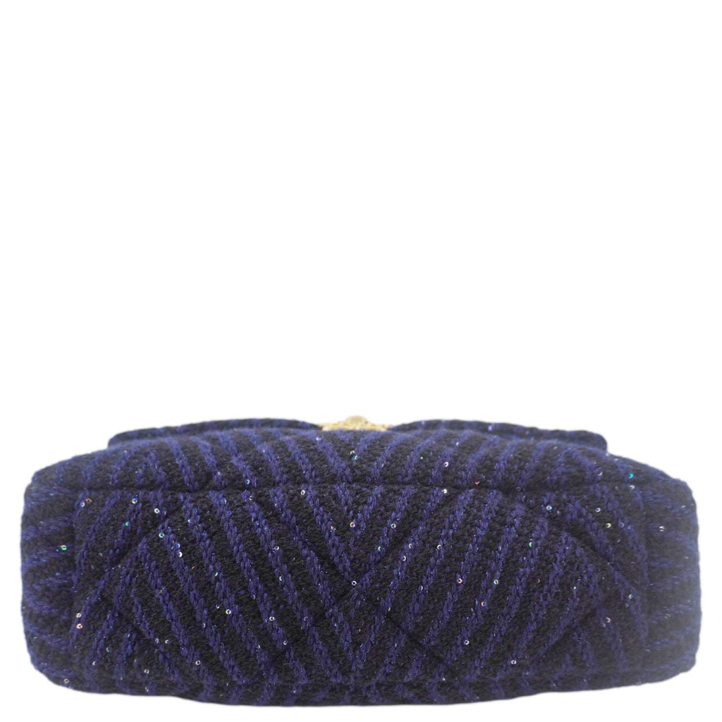 Chanel 19 Flap Quilted Tweed Sequins Shoulder Bag Navy Blue
