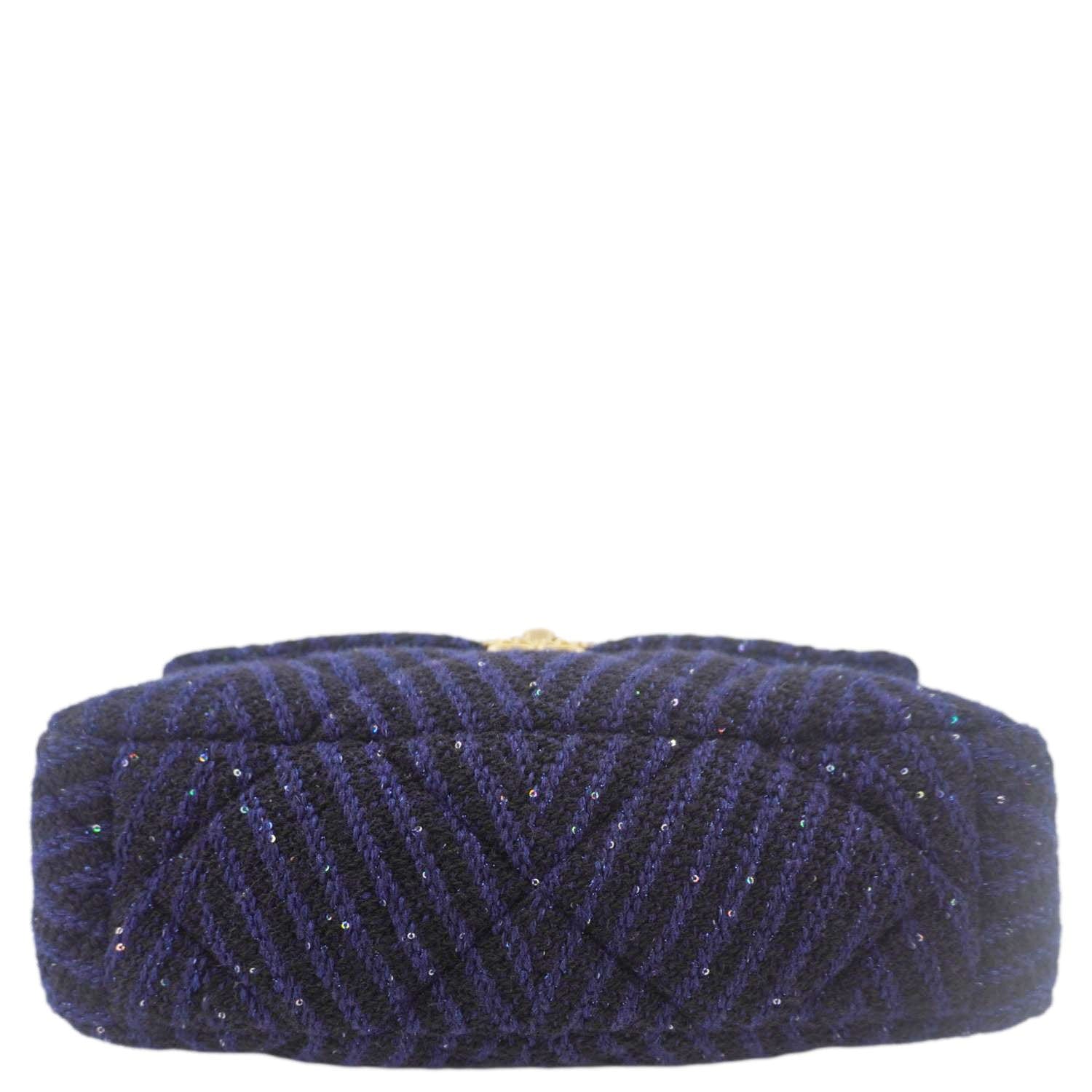 Chanel 19 Flap Quilted Tweed Sequins Shoulder Bag Navy Blue