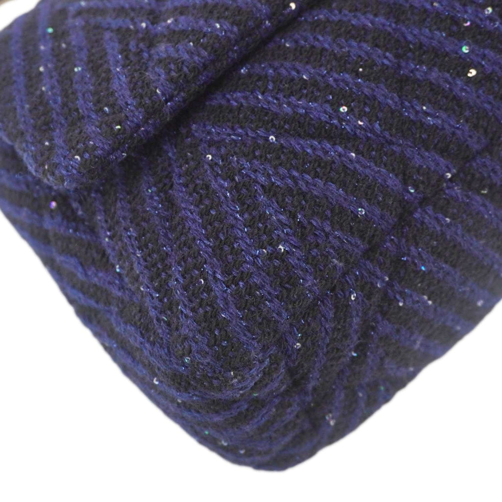 Chanel 19 Flap Quilted Tweed Sequins Shoulder Bag Navy Blue