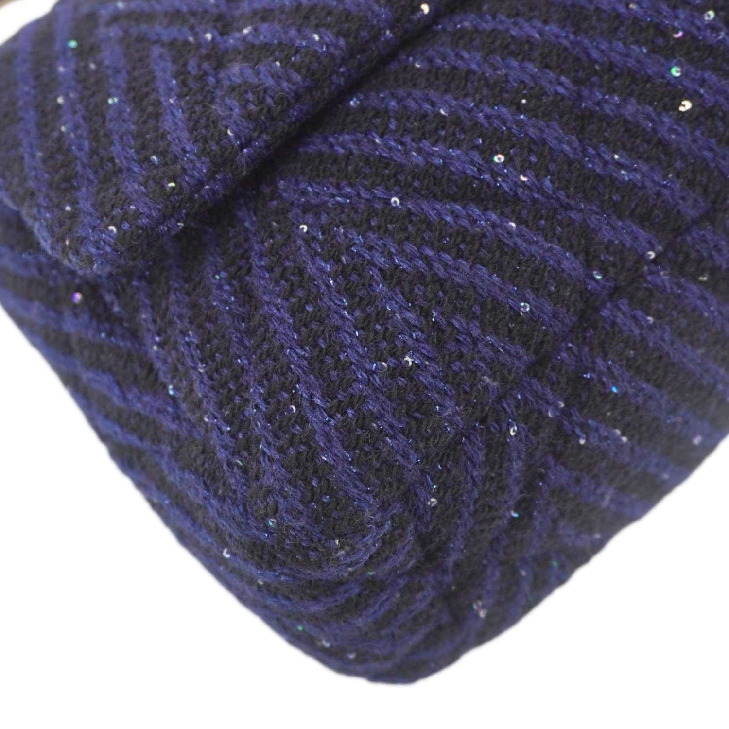 Chanel 19 Flap Quilted Tweed Sequins Shoulder Bag Navy Blue