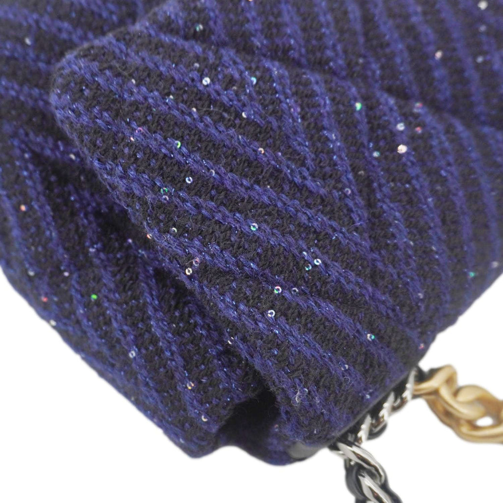 Chanel 19 Flap Quilted Tweed Sequins Shoulder Bag Navy Blue