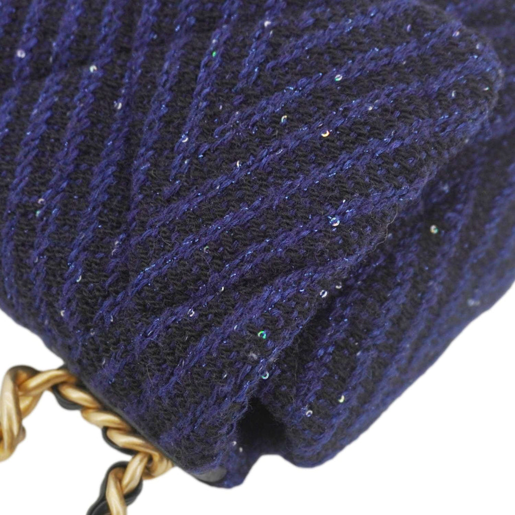Chanel 19 Flap Quilted Tweed Sequins Shoulder Bag Navy Blue