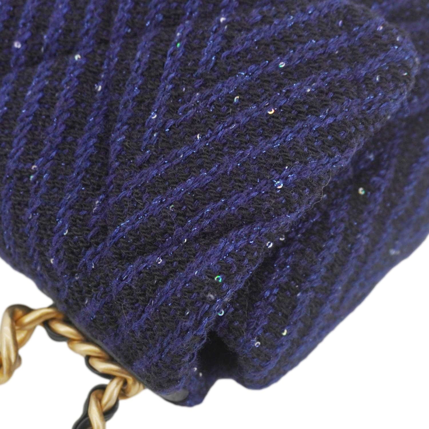 Chanel 19 Flap Quilted Tweed Sequins Shoulder Bag Navy Blue