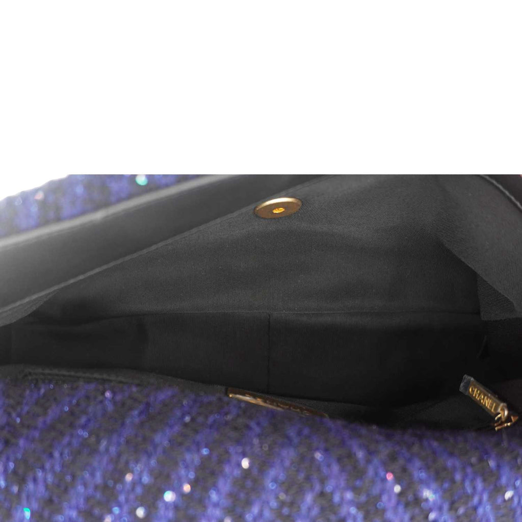 Chanel 19 Flap Quilted Tweed Sequins Shoulder Bag Navy Blue