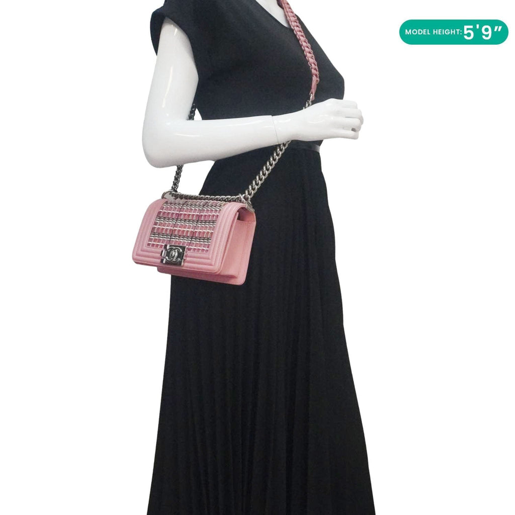 Chanel Boy Flap Small  Woven Leather Shoulder Bag Pink