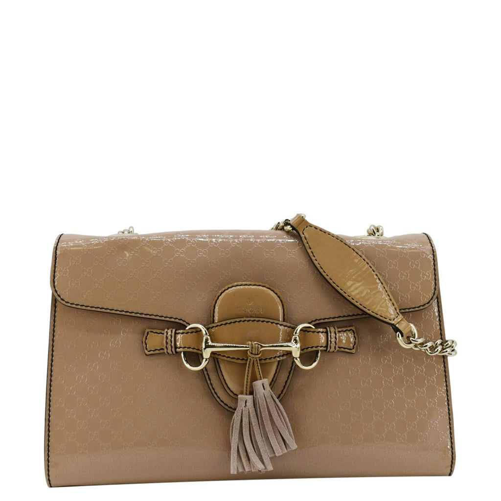 GUCCI Emily Medium Gucci Guccissima Patent Leather Chain Shoulder Bag Cream 295402