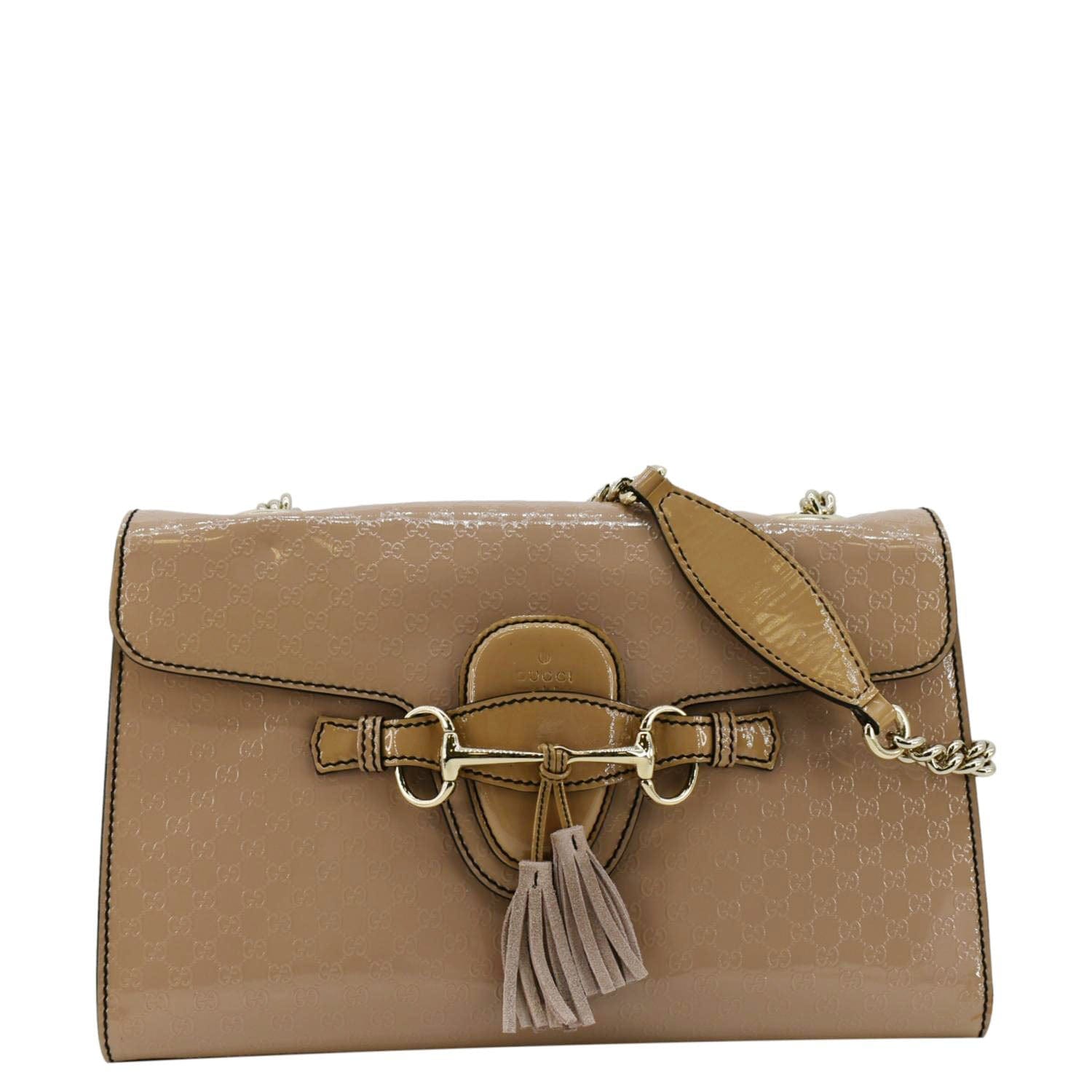 GUCCI Emily Medium Gucci Guccissima Patent Leather Chain Shoulder Bag Cream 295402