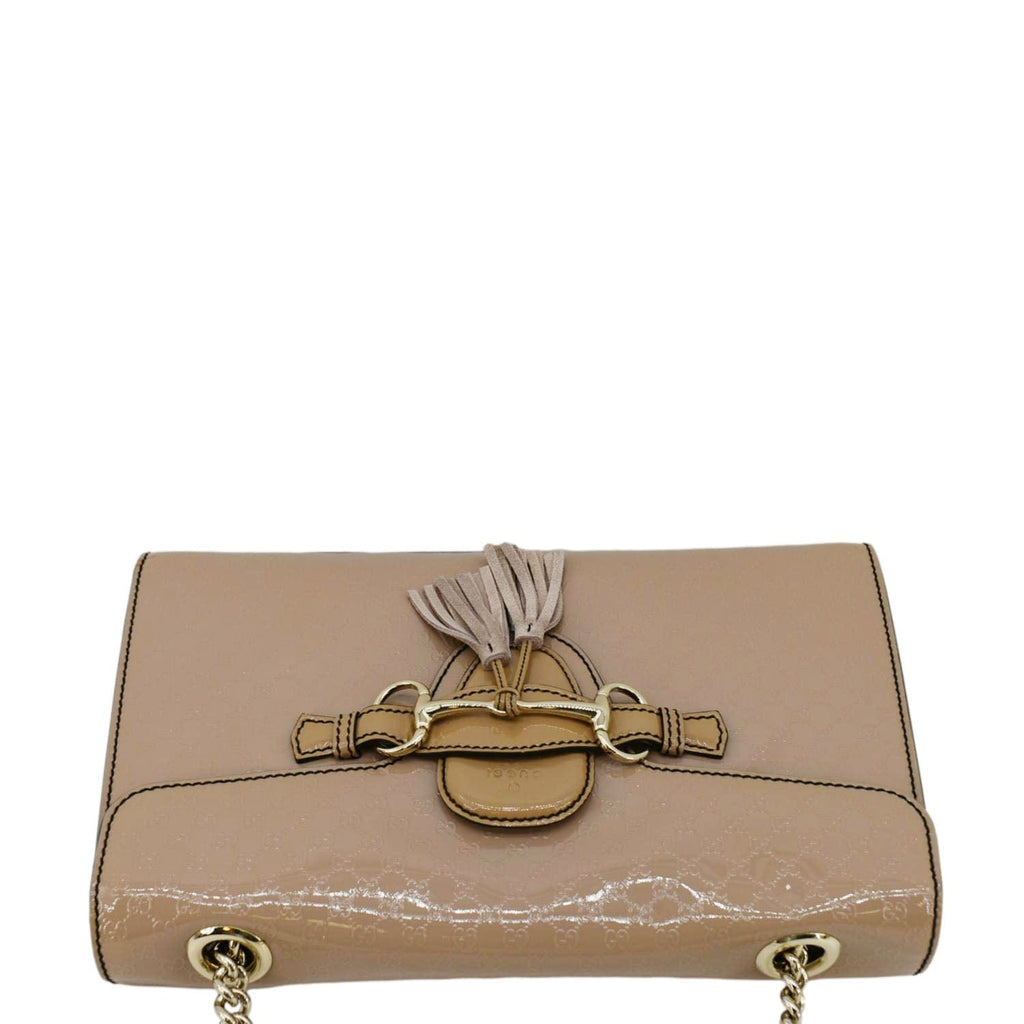 GUCCI Emily Medium Gucci Guccissima Patent Leather Chain Shoulder Bag Cream 295402