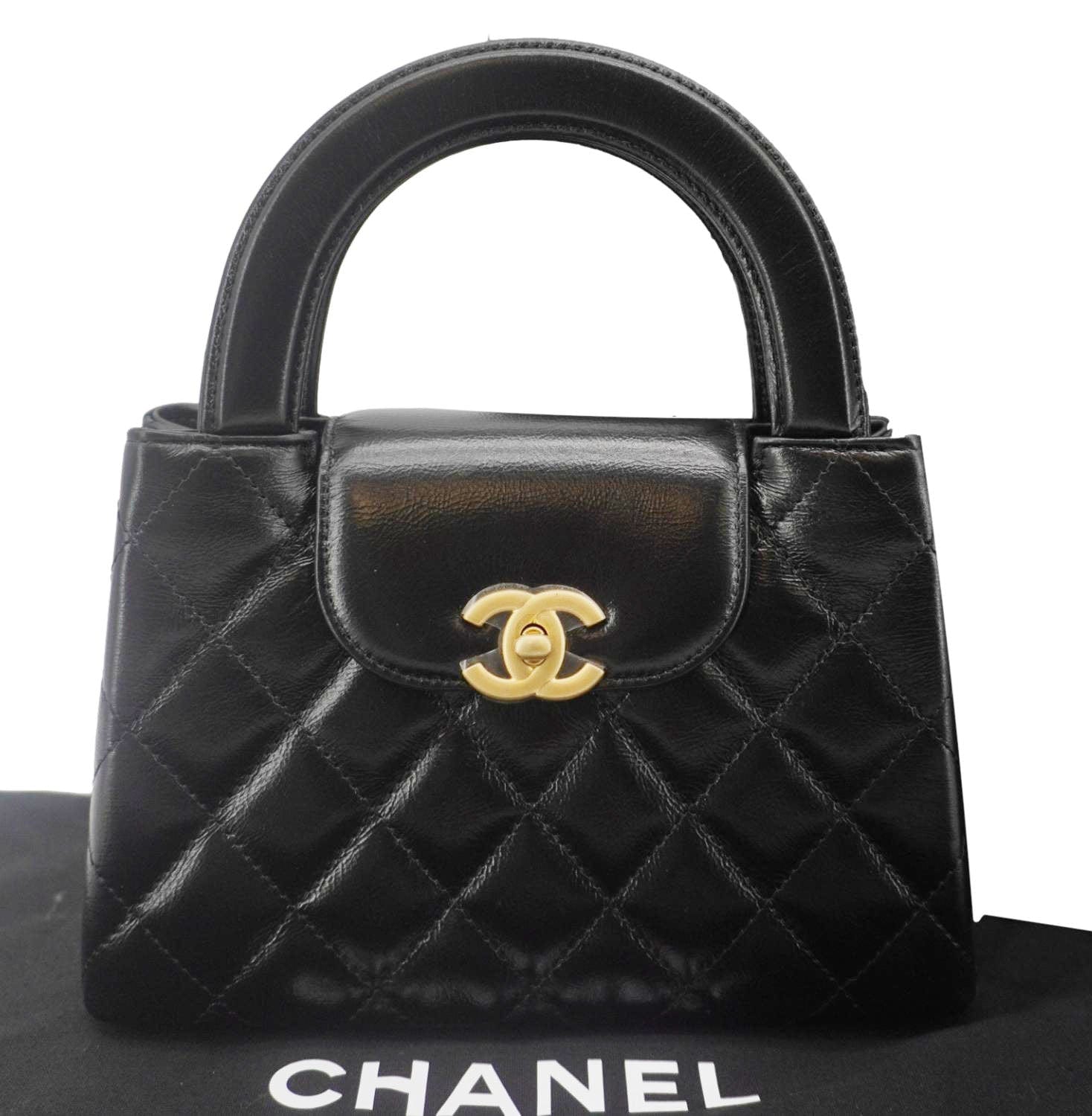 Chanel Kelly Nano Quilted Aged Calfskin Leather Top Handle Shoulder Bag Black