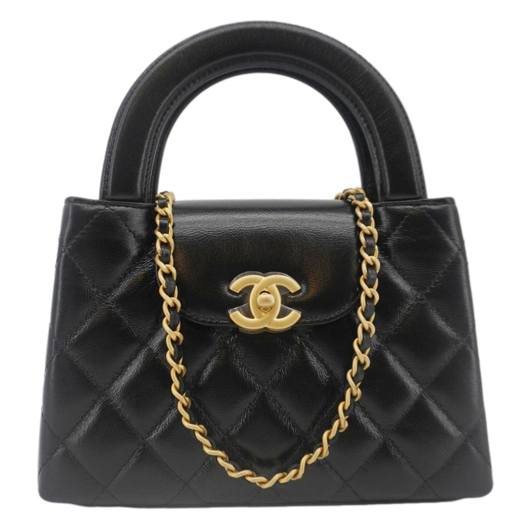Chanel Kelly Nano Quilted Aged Calfskin Leather Top Handle Shoulder Bag Black