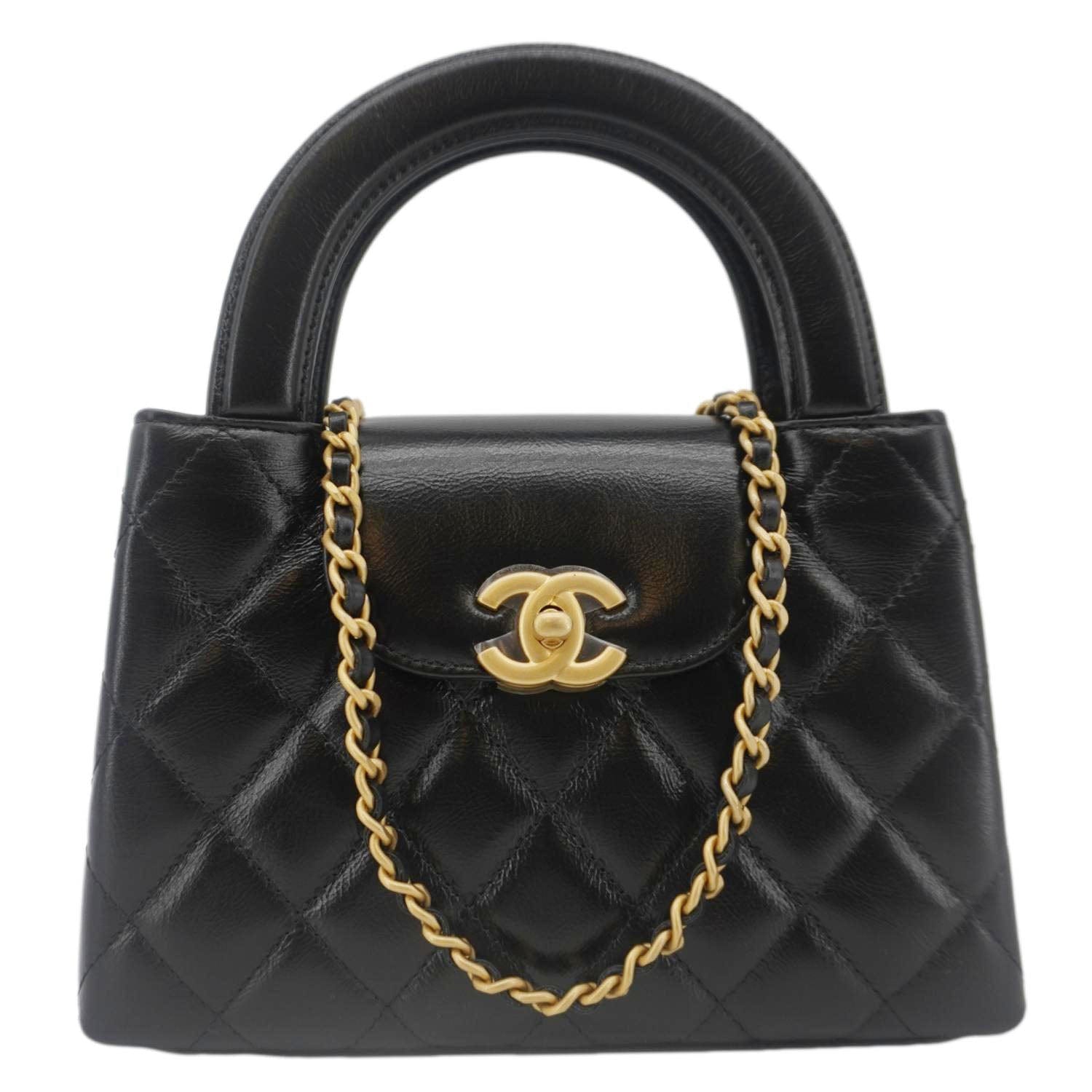 Chanel Kelly Nano Quilted Aged Calfskin Leather Top Handle Shoulder Bag Black