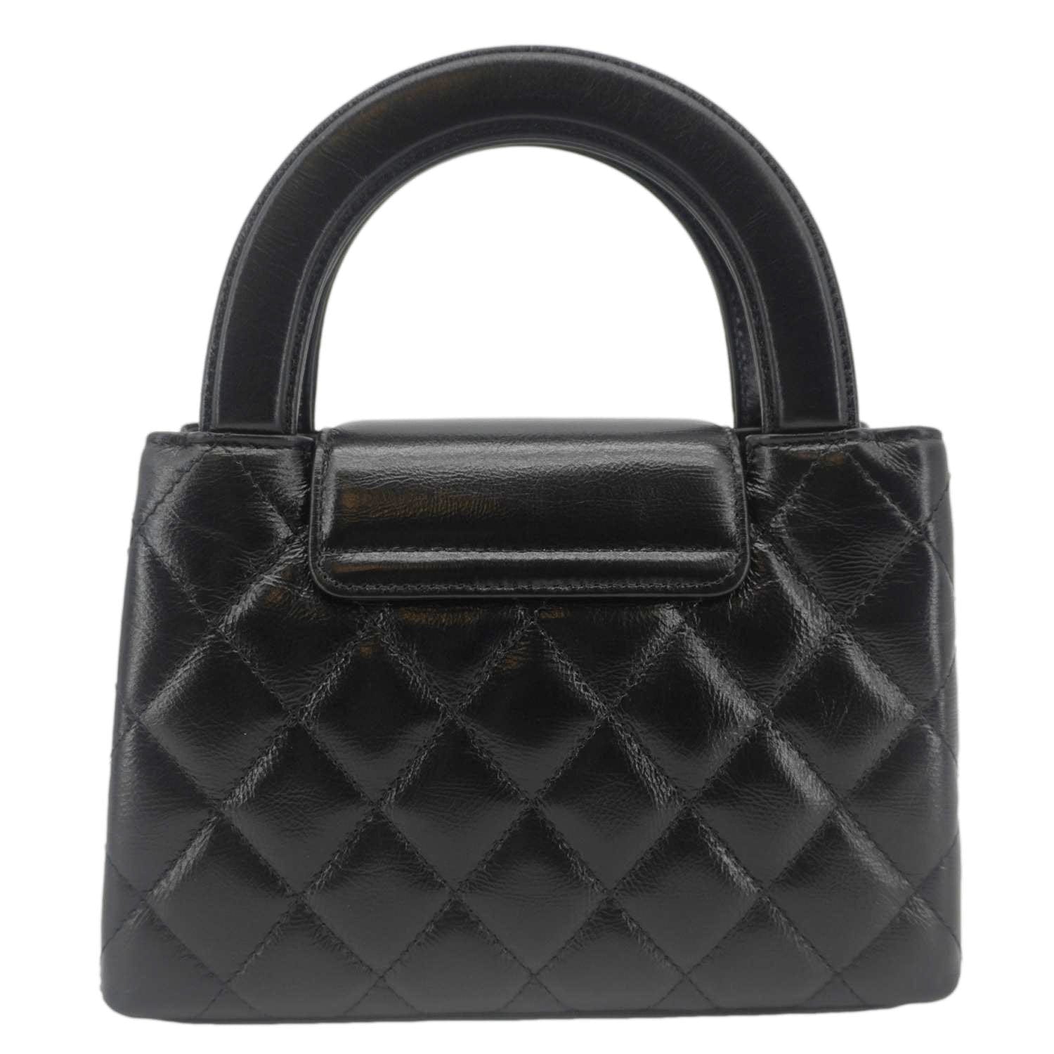 Chanel Kelly Nano Quilted Aged Calfskin Leather Top Handle Shoulder Bag Black