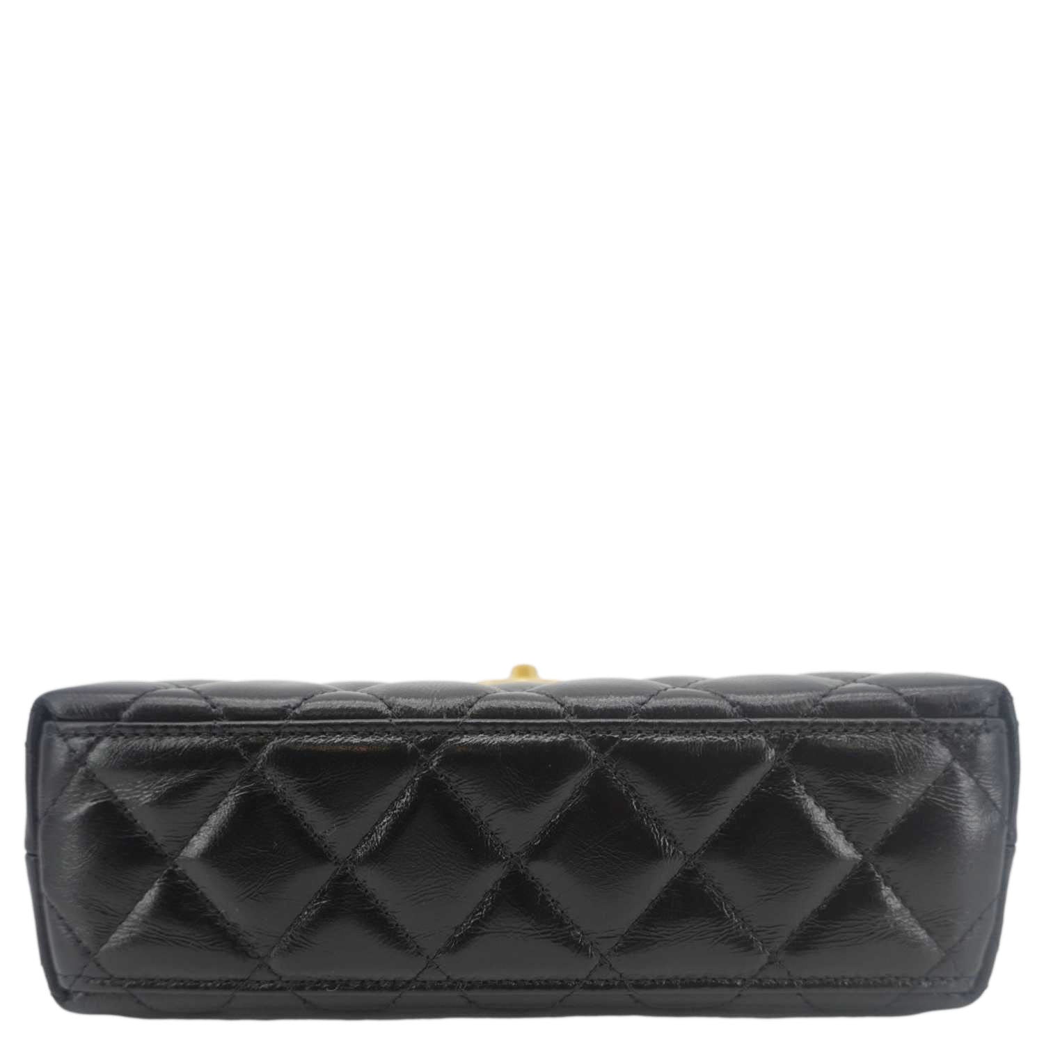 Chanel Kelly Nano Quilted Aged Calfskin Leather Top Handle Shoulder Bag Black