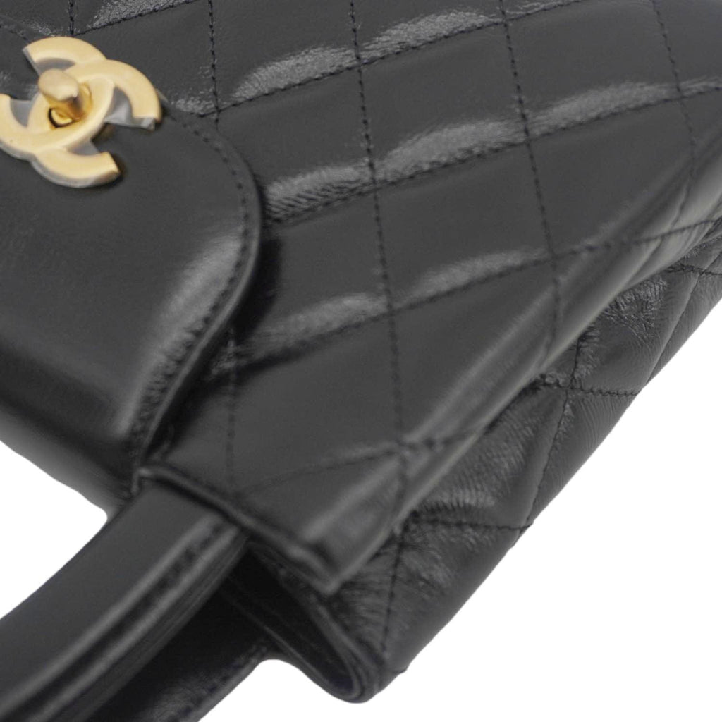 Chanel Kelly Nano Quilted Aged Calfskin Leather Top Handle Shoulder Bag Black