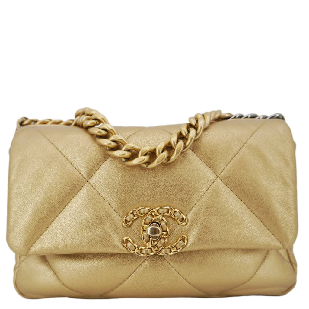 Chanel 19 Flap Quilted Lambskin Leather Shoulder Bag Metallic Gold