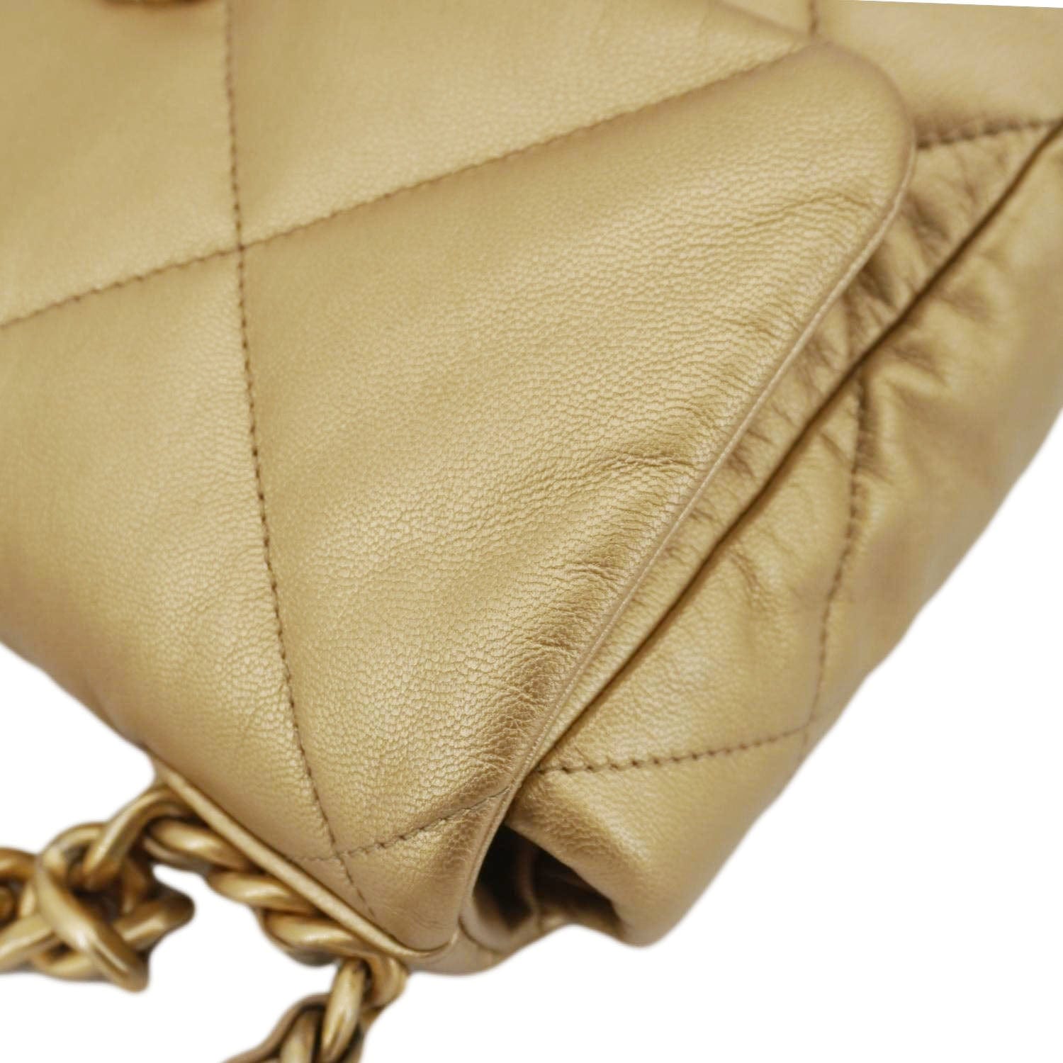 Chanel 19 Flap Quilted Lambskin Leather Shoulder Bag Metallic Gold