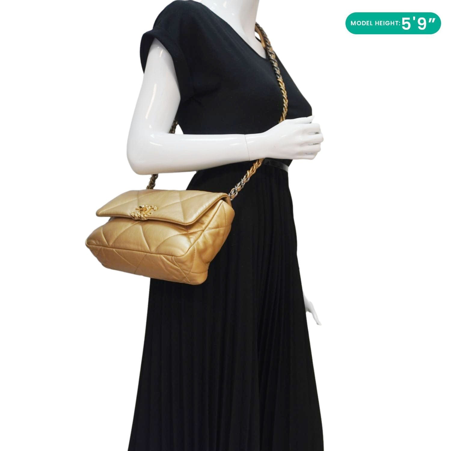 Chanel 19 Flap Quilted Lambskin Leather Shoulder Bag Metallic Gold