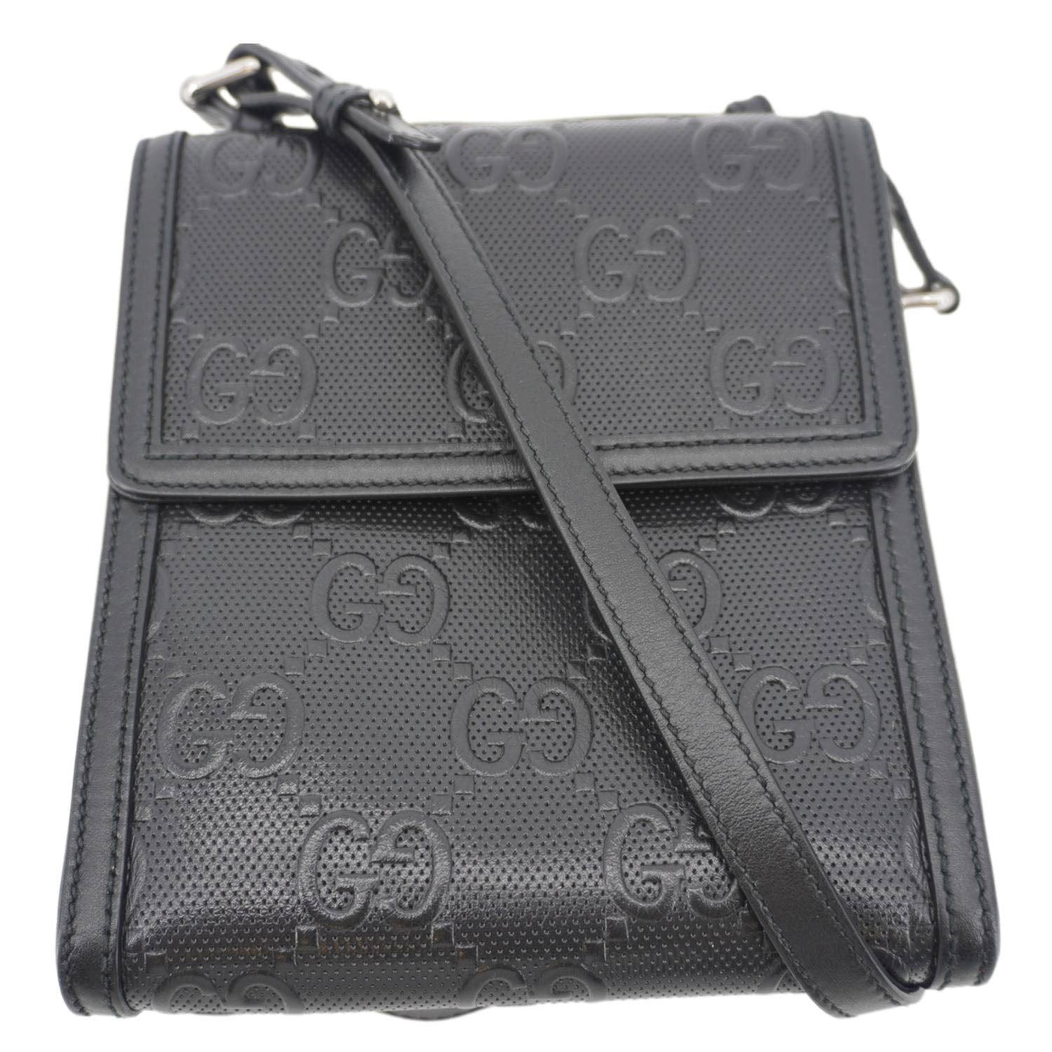 GUCCI Gucci Embossed Leather Messenger Bag Black 625782