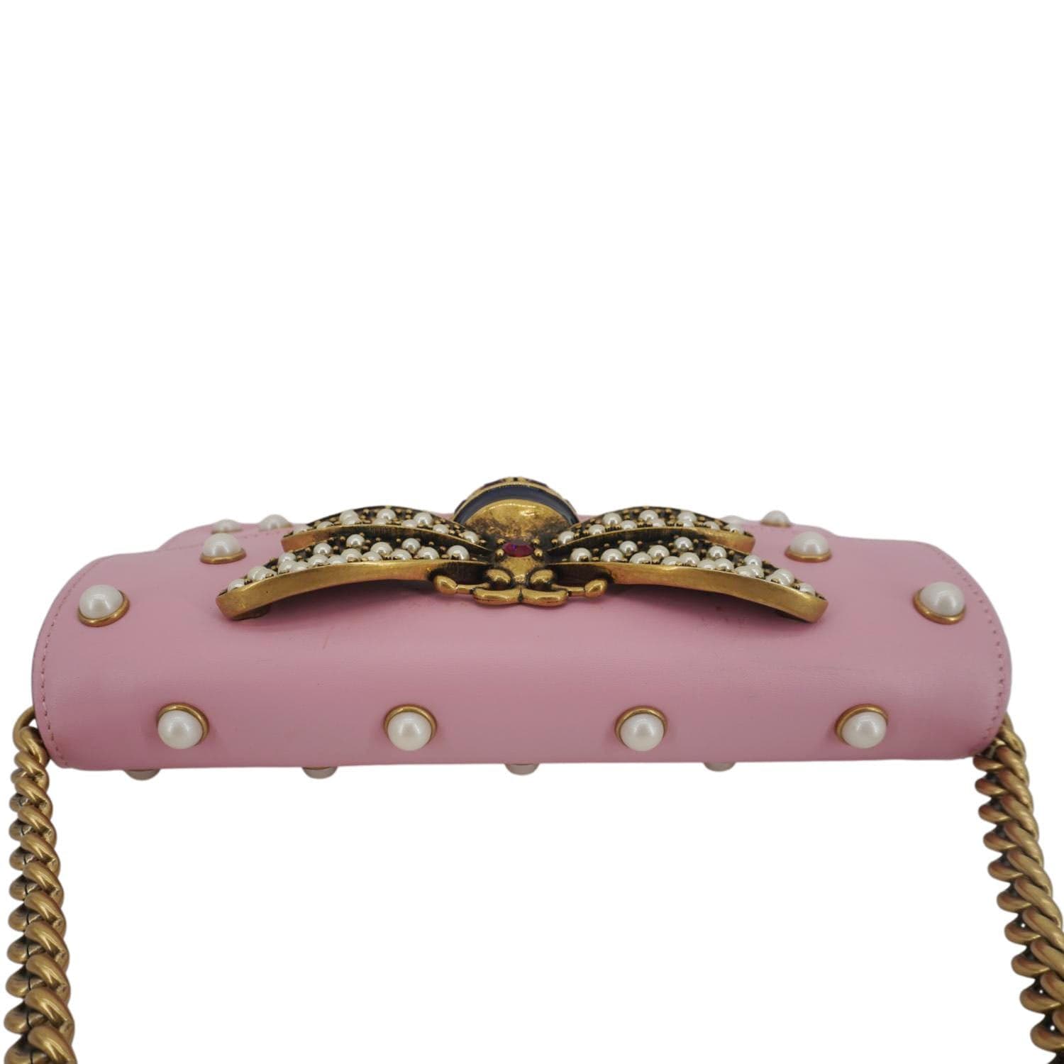 GUCCI Broadway Queen Margaret Pearl Studded Nappa Leather Crossbody Bag Pink