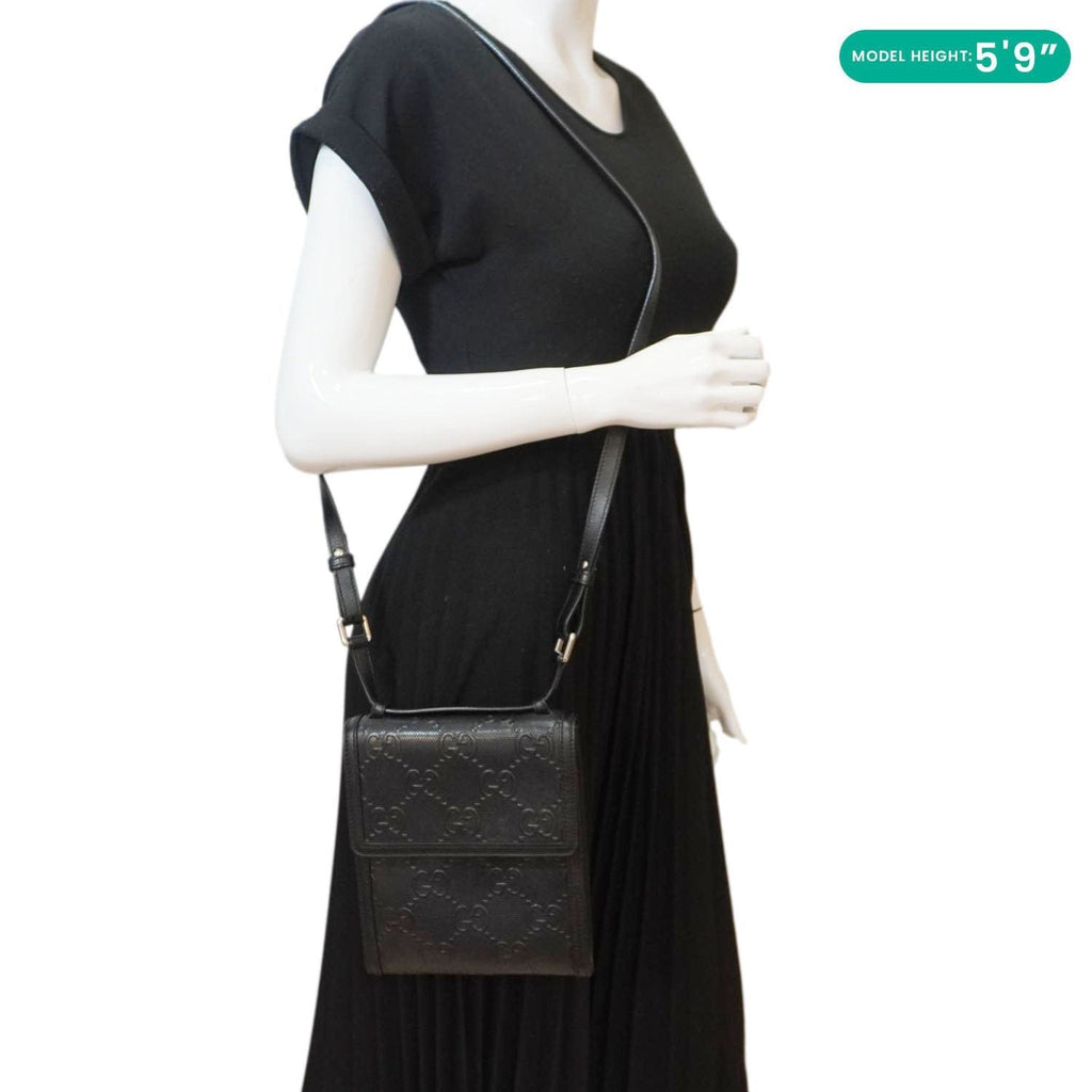 GUCCI Gucci Embossed Leather Messenger Bag Black 625782