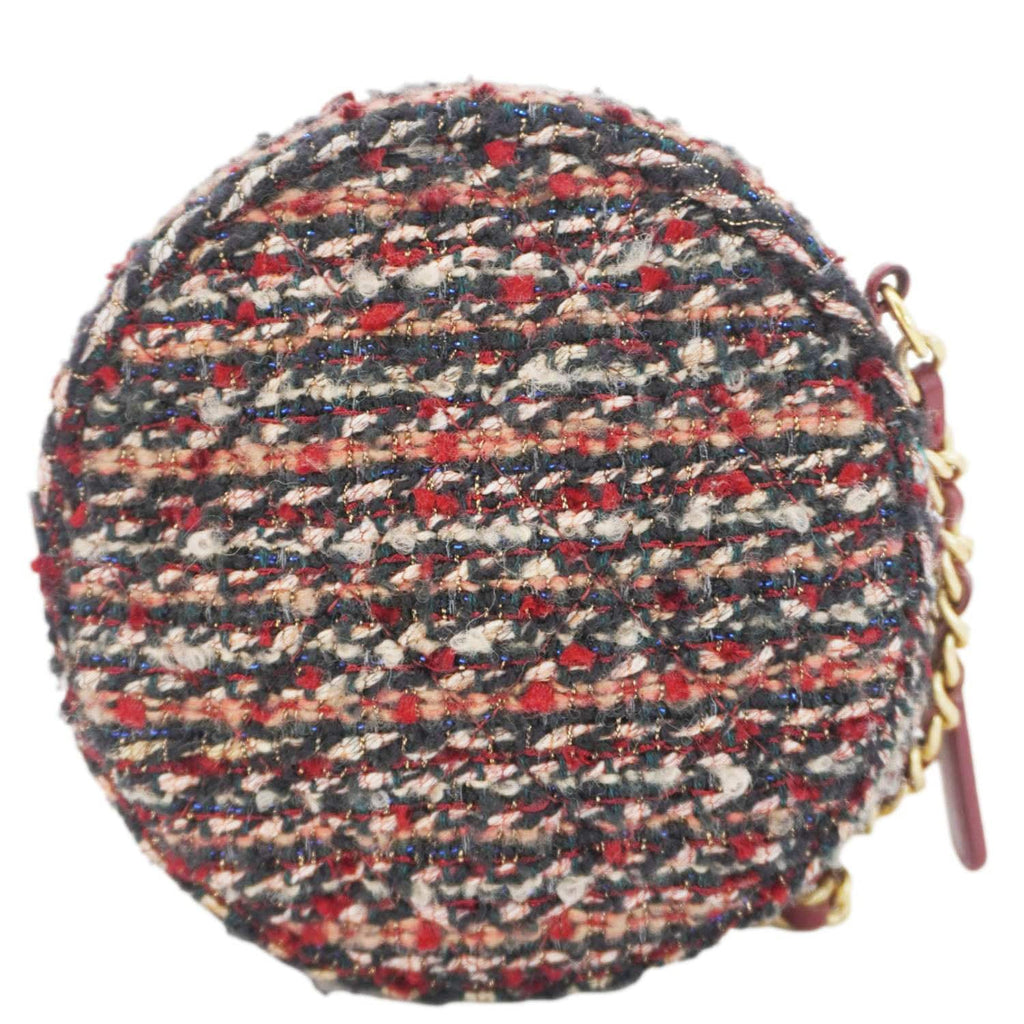 Chanel Round Tweed Chain Clutch Crossbody Bag Red