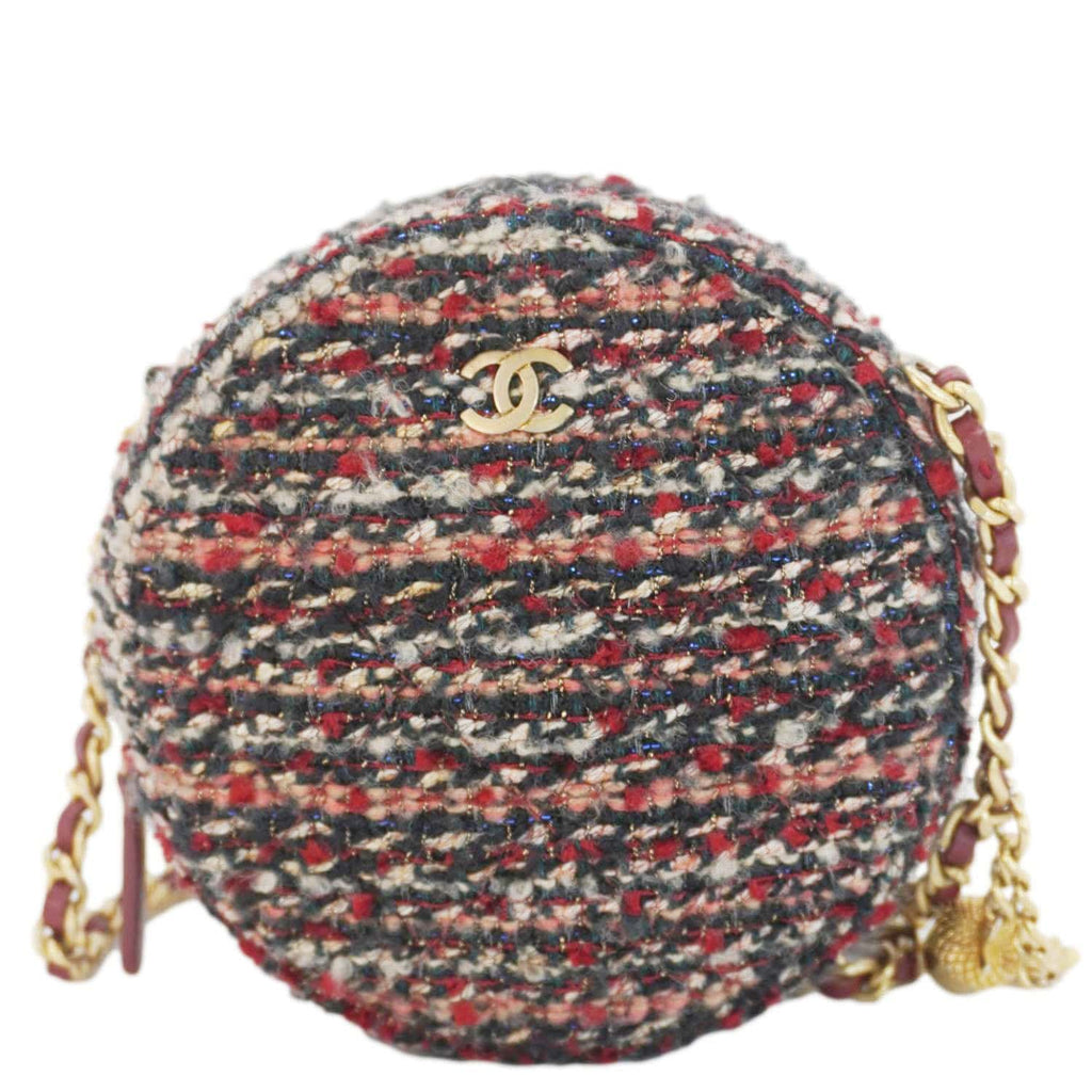 Chanel Round Tweed Chain Clutch Crossbody Bag Red