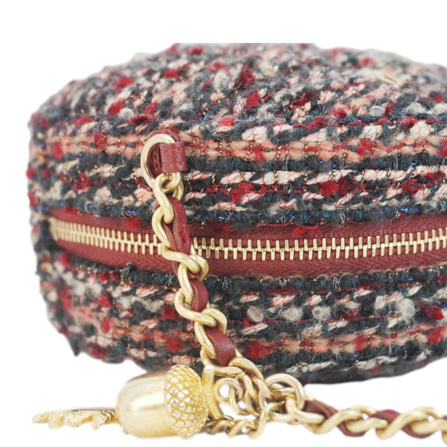 Chanel Round Tweed Chain Clutch Crossbody Bag Red