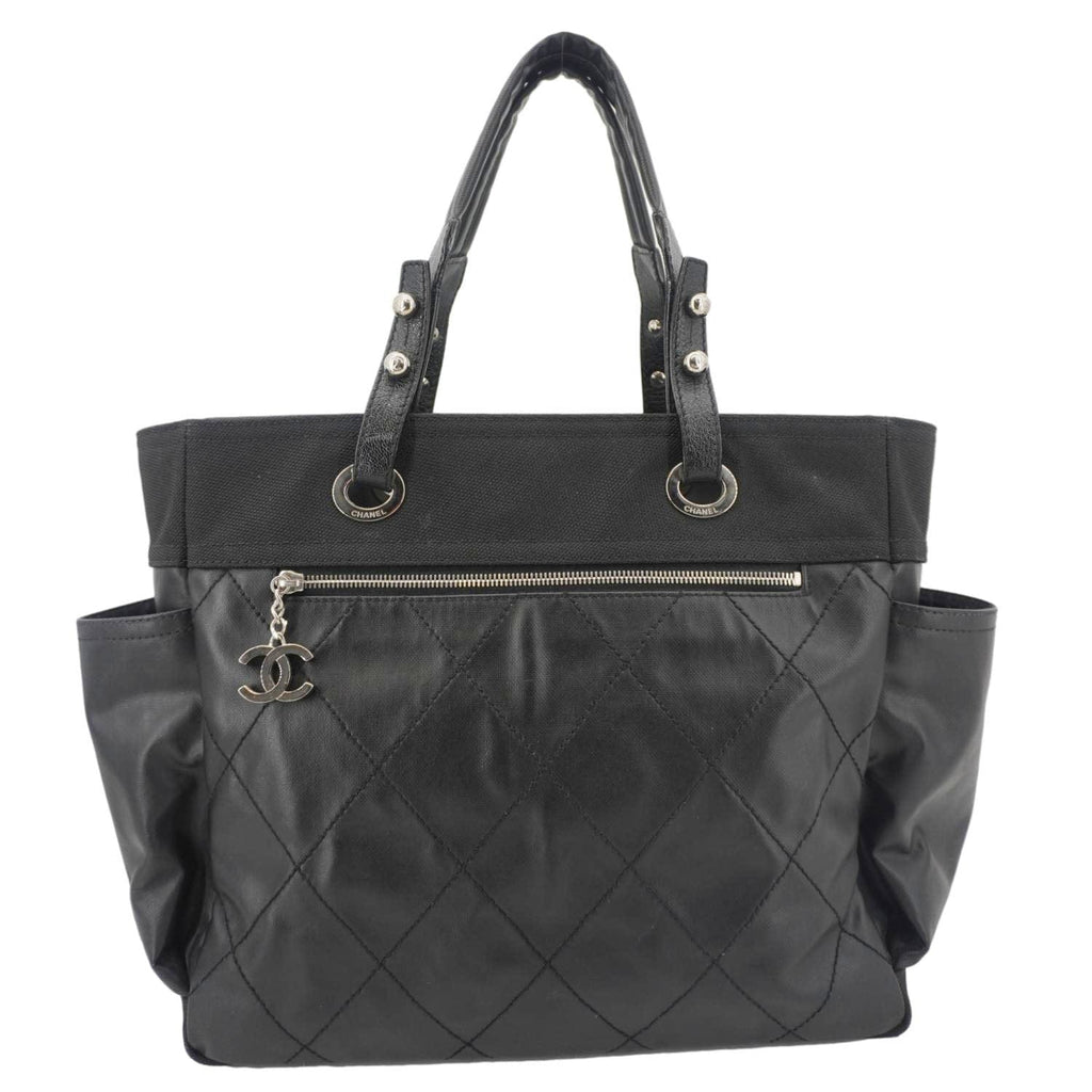 Chanel Paris Biarritz Quilted Coated Canvas Grand Shopping Tote Bag Black