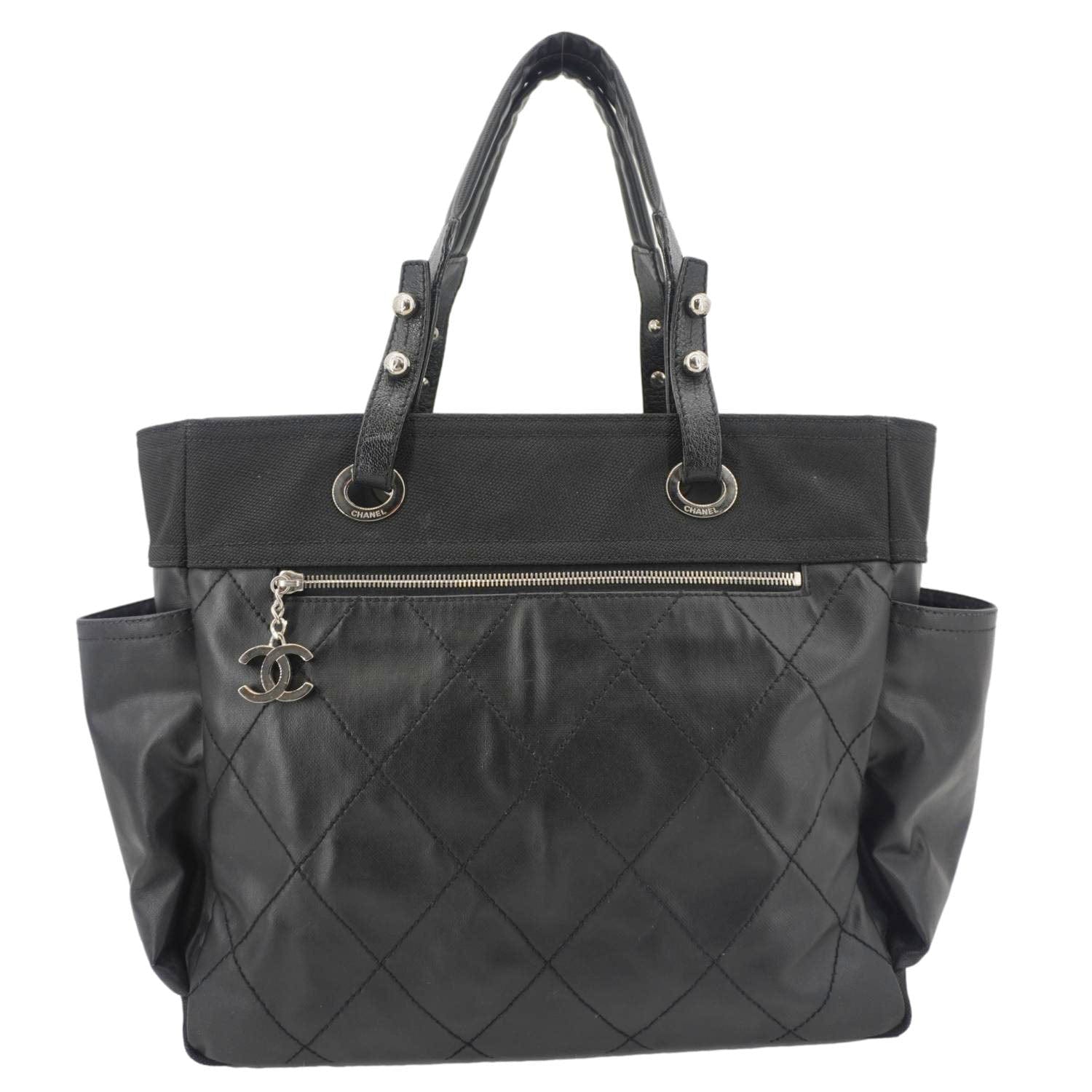 Chanel Paris Biarritz Quilted Coated Canvas Grand Shopping Tote Bag Black
