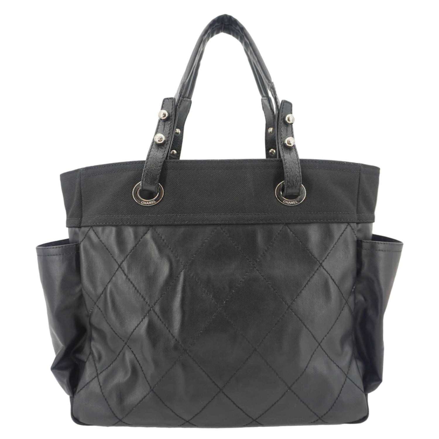 Chanel Paris Biarritz Quilted Coated Canvas Grand Shopping Tote Bag Black