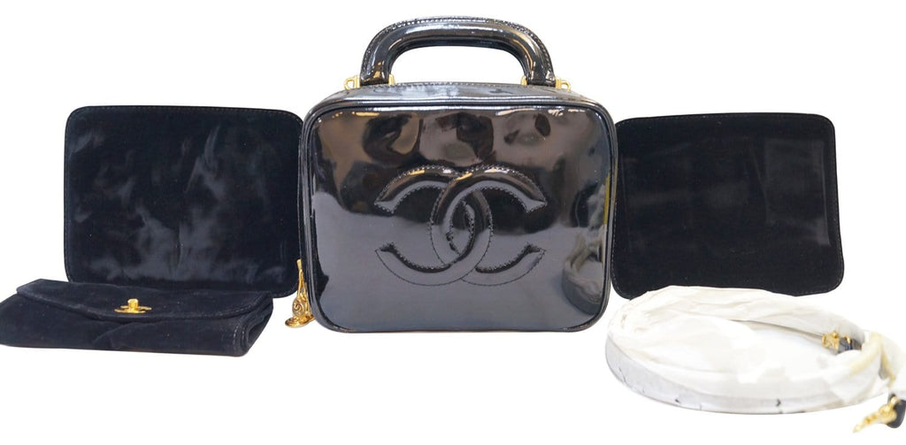 Chanel CC Black Patent Leather 2way Vanity Case Cosmetic Bag