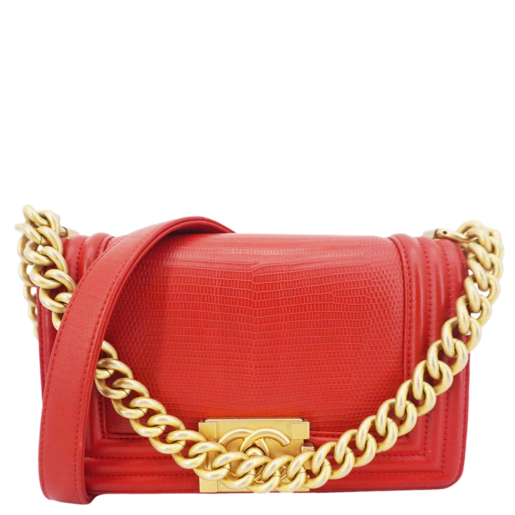 Chanel Boy Flap Lizard Leather Crossbody Bag Red