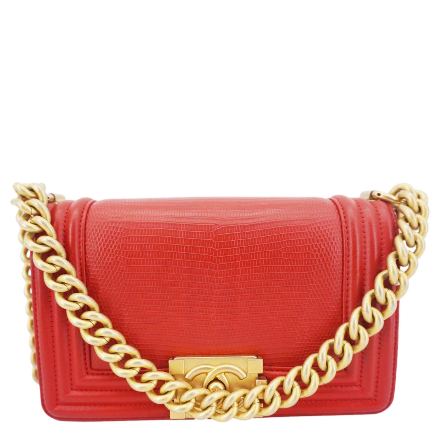 Chanel Boy Flap Lizard Leather Crossbody Bag Red