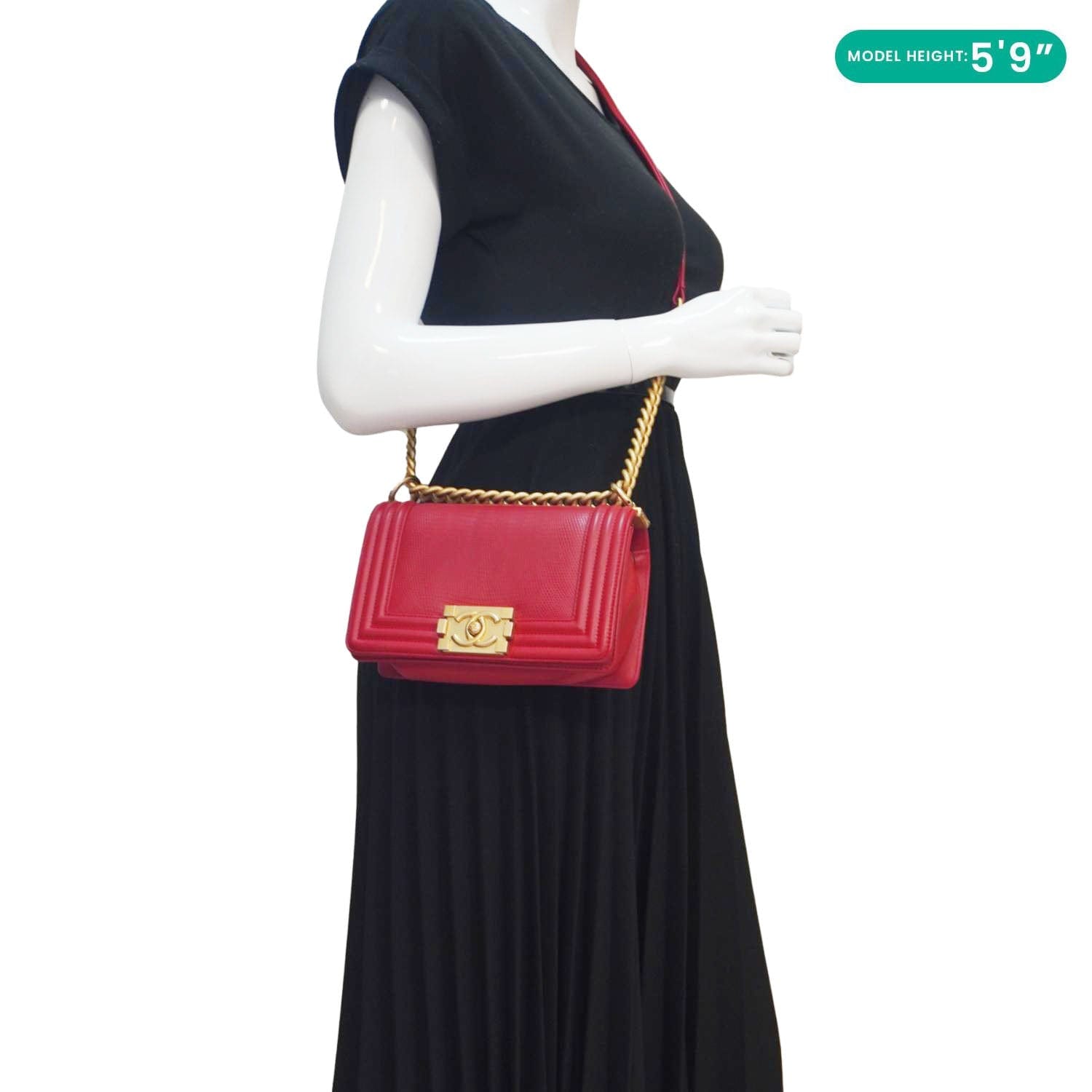 Chanel Boy Flap Lizard Leather Crossbody Bag Red
