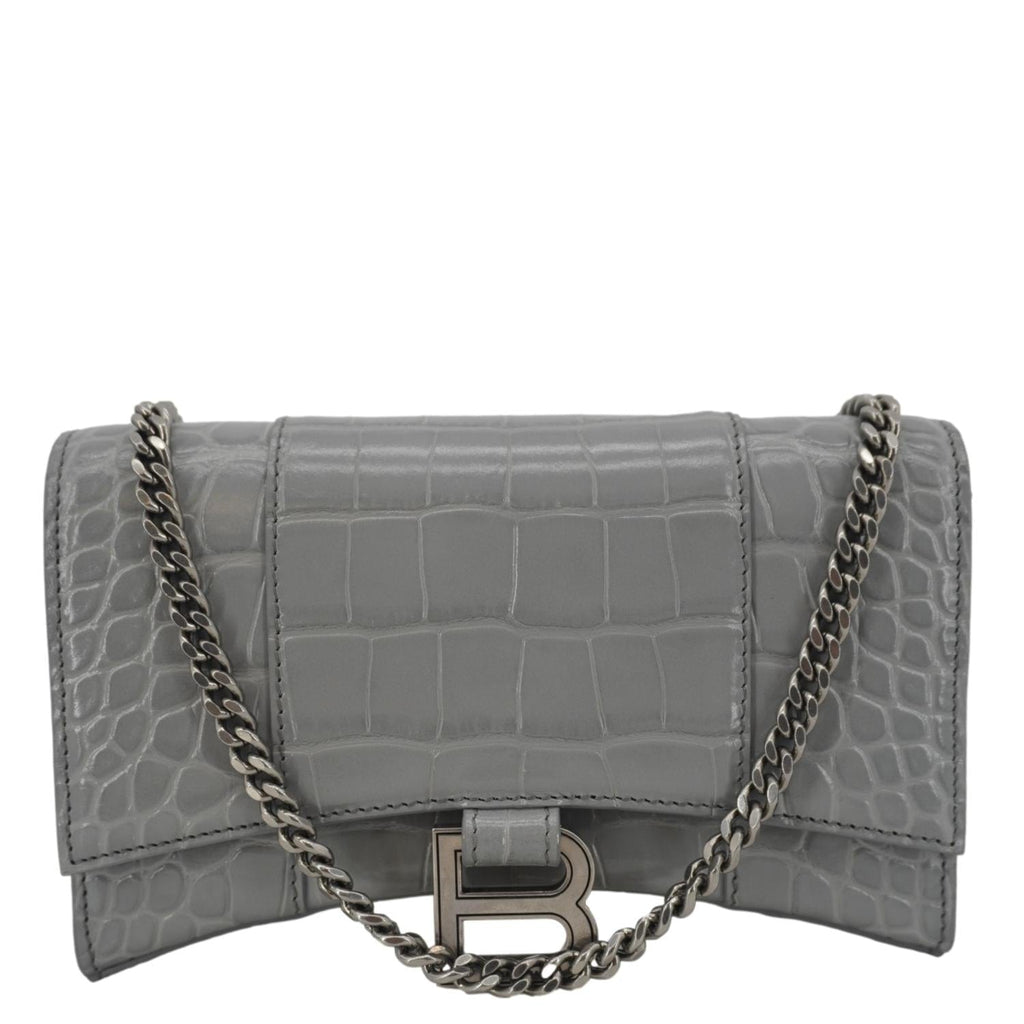 BALENCIAGA Hourglass Leather Chain Wallet Shoulder Bag Gray