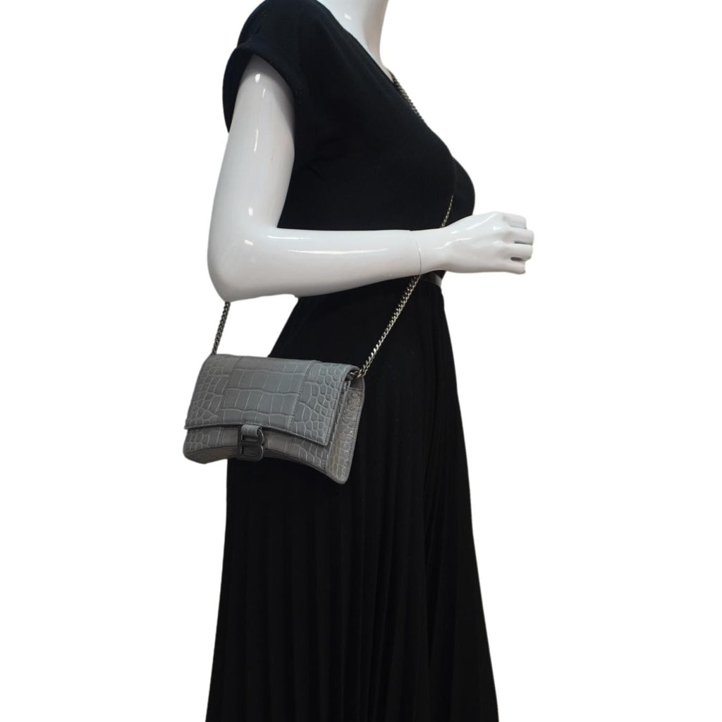 BALENCIAGA Hourglass Leather Chain Wallet Shoulder Bag Gray