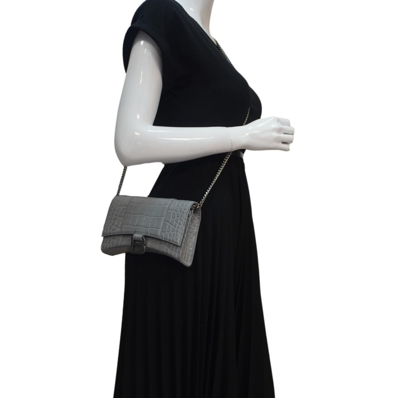 BALENCIAGA Hourglass Leather Chain Wallet Shoulder Bag Gray
