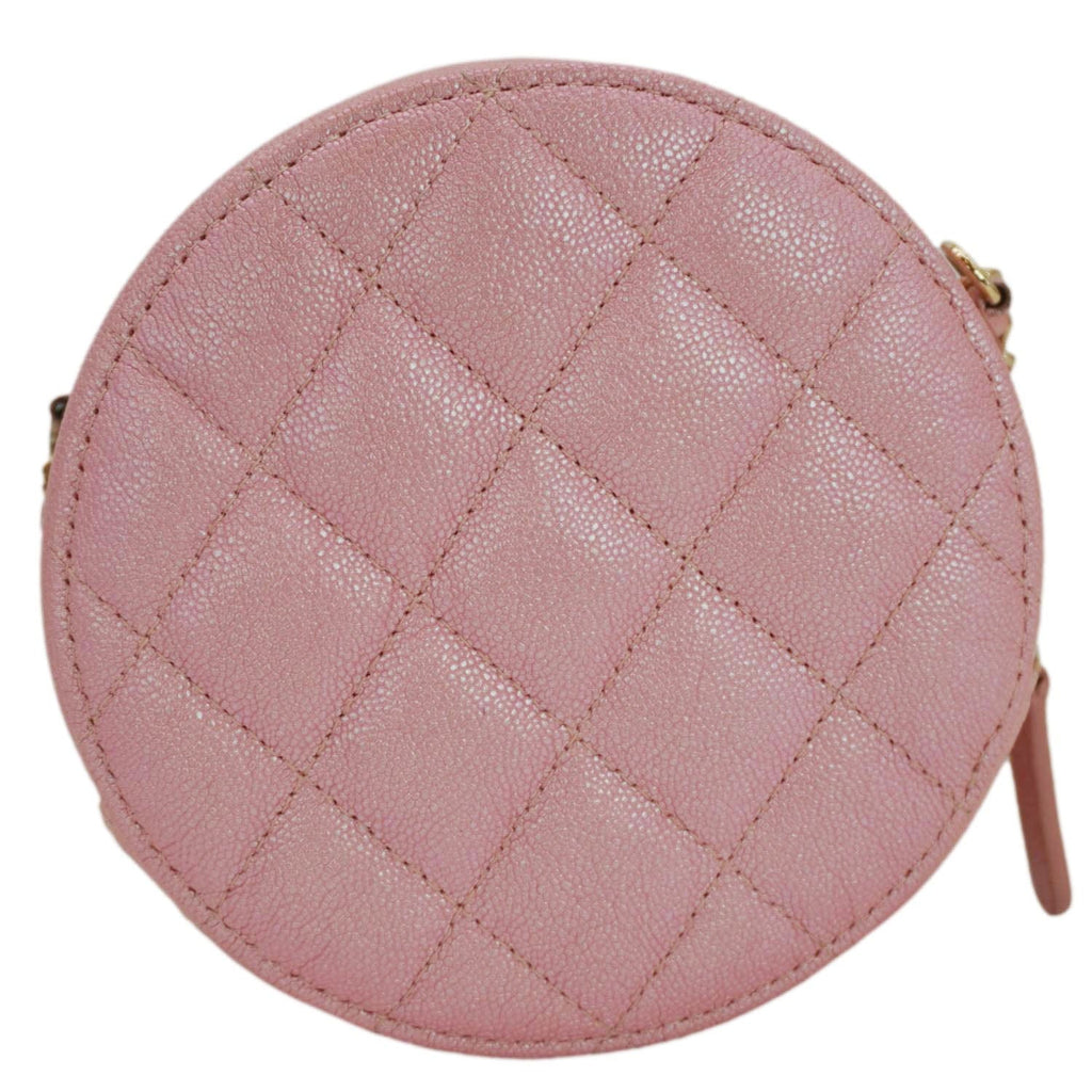 Chanel Round Quilted Iridescent Caviar Leather Clutch Crossbody Bag Pink