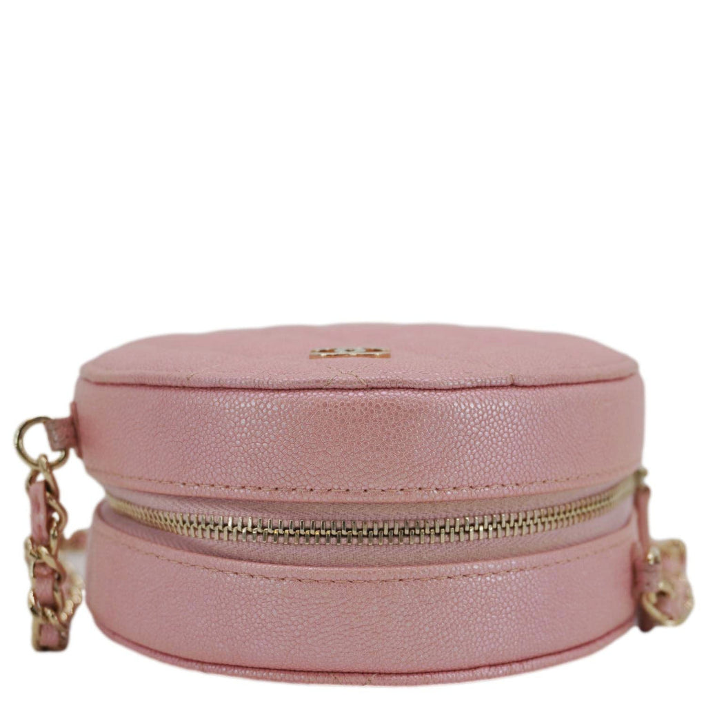 Chanel Round Quilted Iridescent Caviar Leather Clutch Crossbody Bag Pink