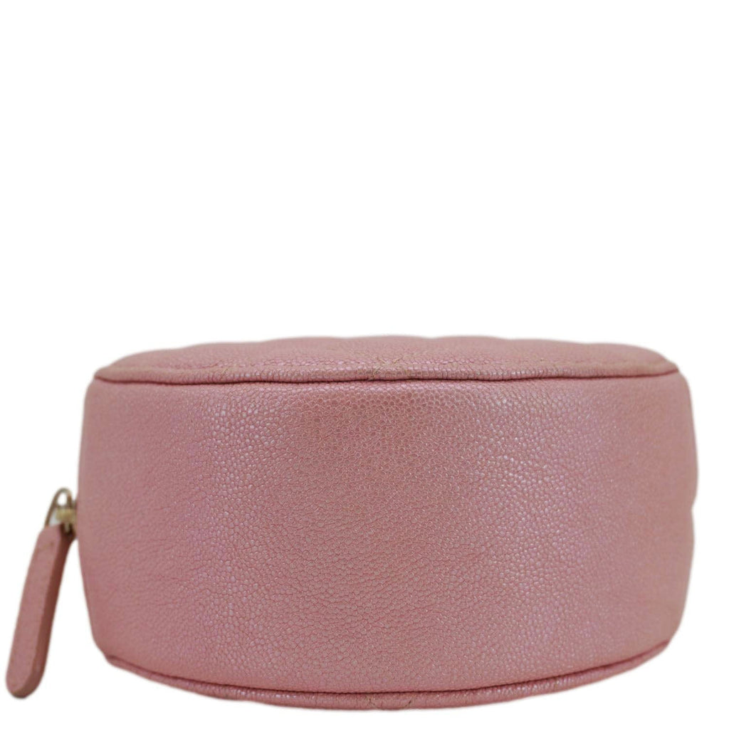 Chanel Round Quilted Iridescent Caviar Leather Clutch Crossbody Bag Pink
