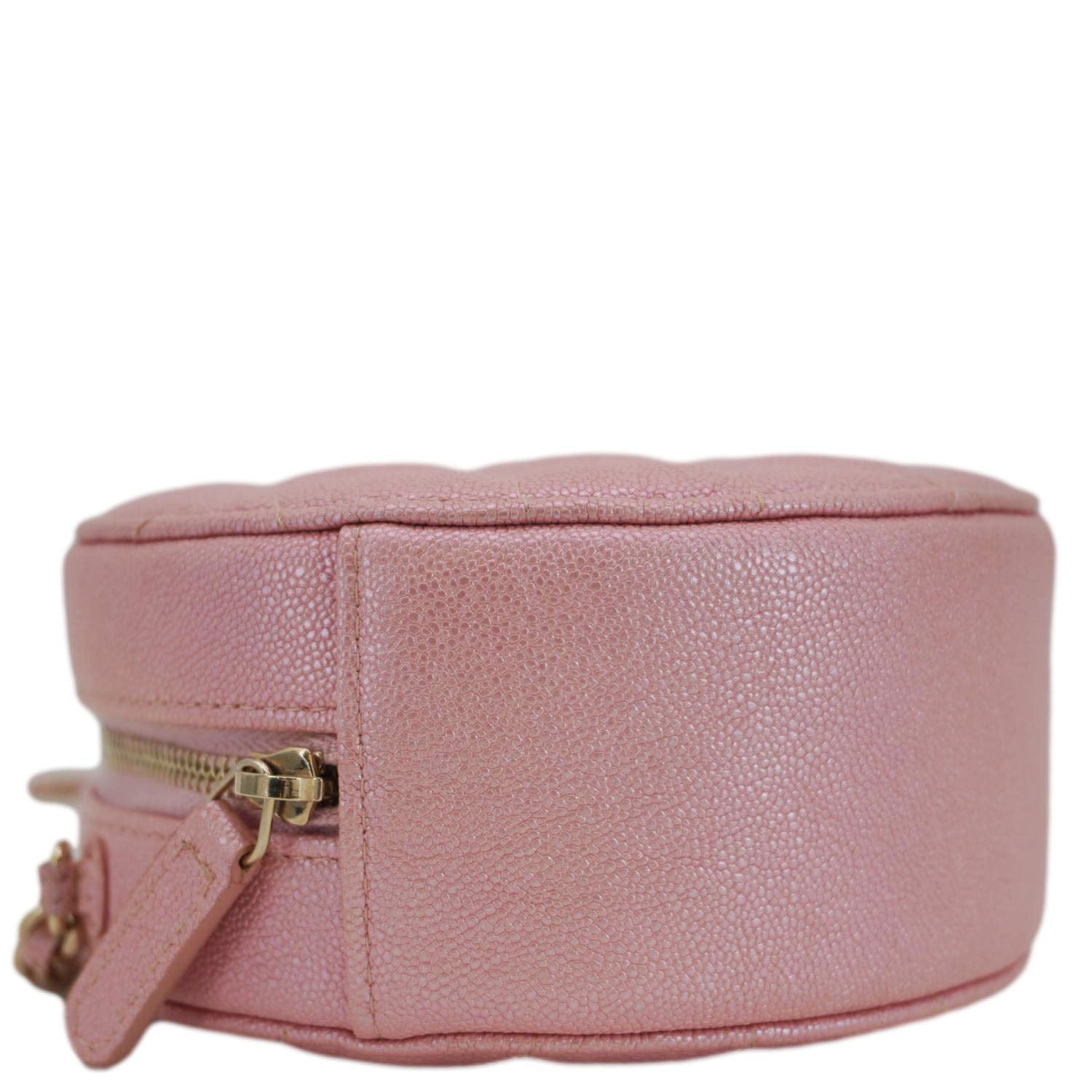 Chanel Round Quilted Iridescent Caviar Leather Clutch Crossbody Bag Pink