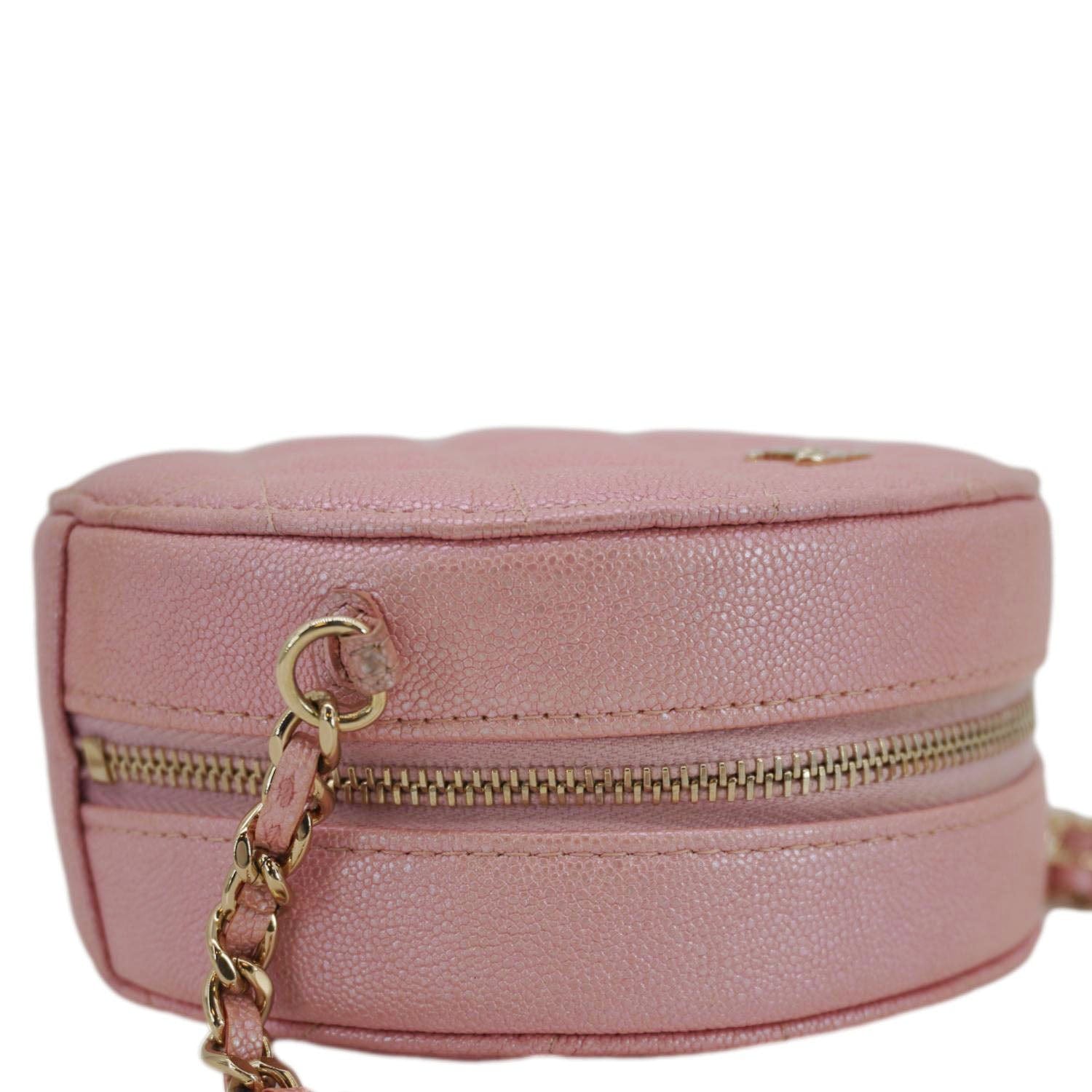 Chanel Round Quilted Iridescent Caviar Leather Clutch Crossbody Bag Pink