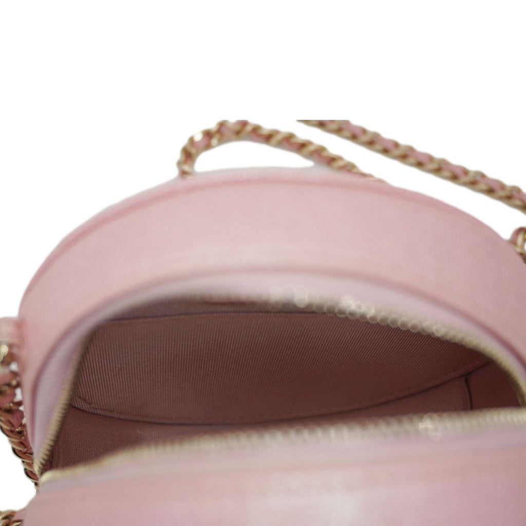 Chanel Round Quilted Iridescent Caviar Leather Clutch Crossbody Bag Pink
