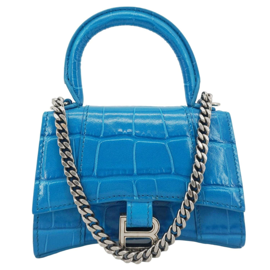 BALENCIAGA Hourglass Crocodile Embossed Top Handle Shoulder Bag Blue