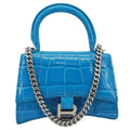BALENCIAGA Hourglass Crocodile Embossed Top Handle Shoulder Bag Blue